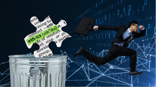 A man in a suit runs away from a puzzle piece that says 'ethics' on it being dumped into a trash can.