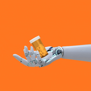 A robot hand holds a bottle of pills
