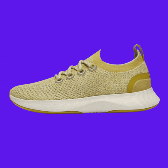 A tan Allbirds sneaker flips upside down, causing computer chips to fall out.