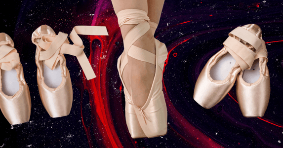 Three pairs of pink pointe shoes on a black and red background.