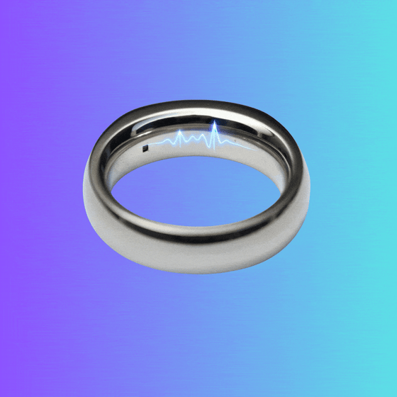 A silver smart ring rotating against a blue background.