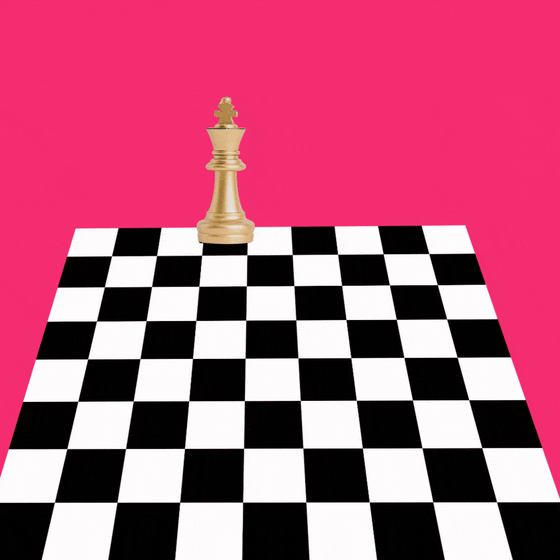 A white king chess piece moves across a board.