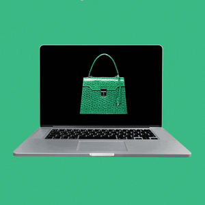 A laptop with a green purse on the screen and a white cursor blinking over it. 
