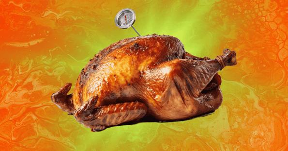 A roasted turkey with a thermometer sticking out its top.