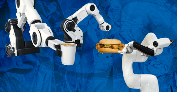 Two robotic arms hold a chicken sandwich and a beverage.