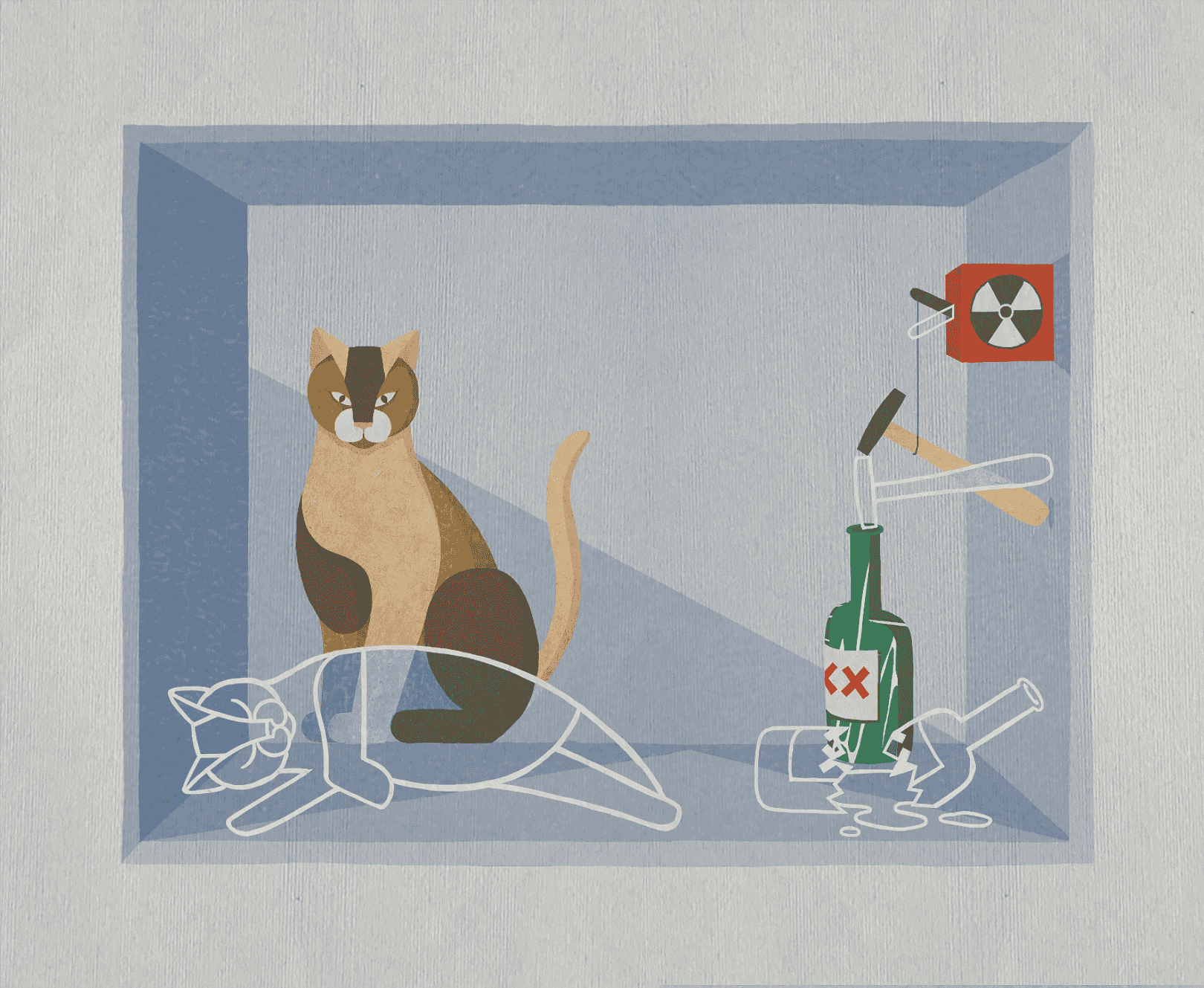 Illustration of Schrödinger's thought experiment showing a cat inside a box alongside a poison bottle and radioactive trigger device.