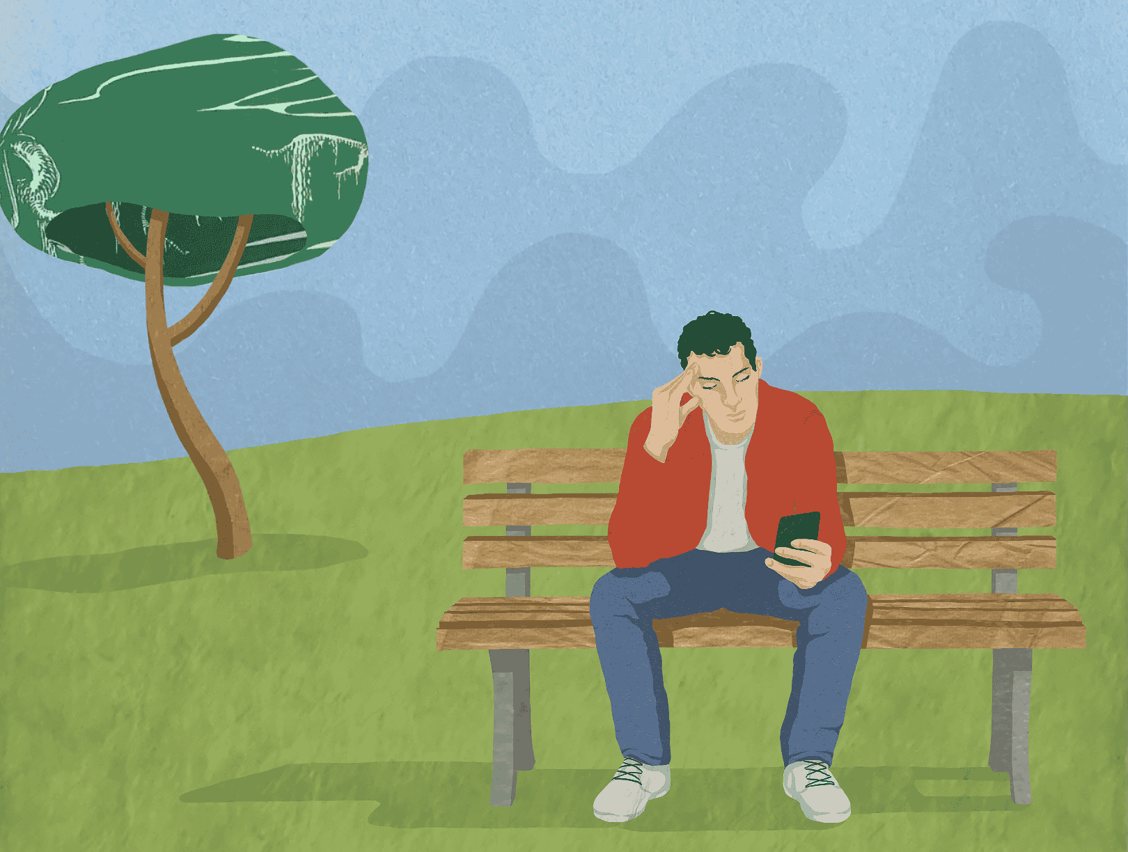Illustration of a man sitting alone on a park bench checking his phone, looking distracted on what should be a day off.