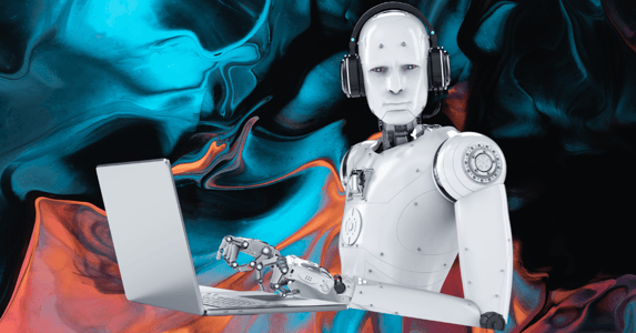 A robot typing on a laptop and wearing headphones.