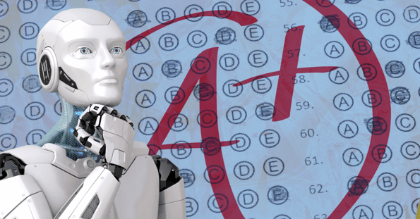 A robot stands in front of a test marked A+