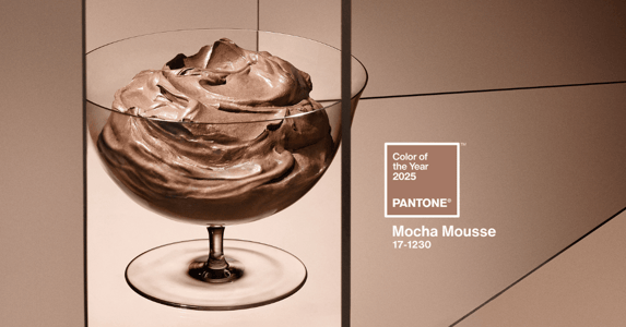 Pantone’s 2025 Color of the Year, Mocha Mousse, with a cup of chocolate mousse.