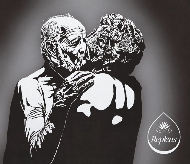 A high-contrast, black-and-white illustration of an elderly couple embracing and kissing, with the "Replens" logo in a teardrop shape at the bottom.
