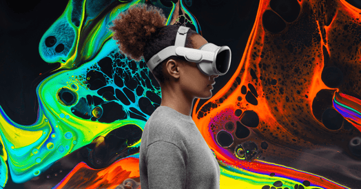 A woman wearing a Vision Pro headset.
