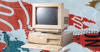 An outdated computer on a collage background.