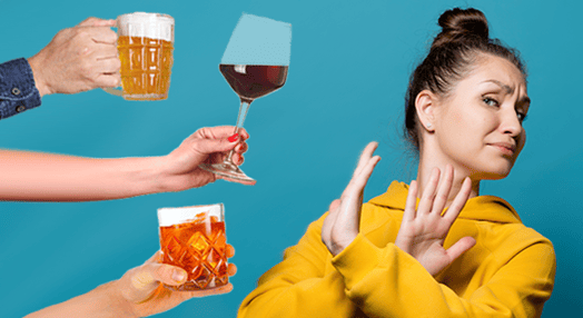 Person in yellow top declining offers of beer and red wine from two hands.