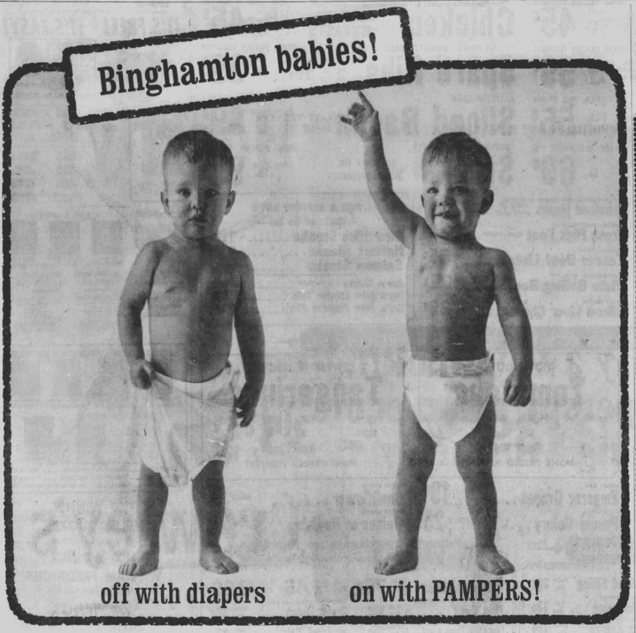 1960s Pampers ad comparing two toddlers: one unhappy in cloth diapers, one smiling in Pampers disposable diapers