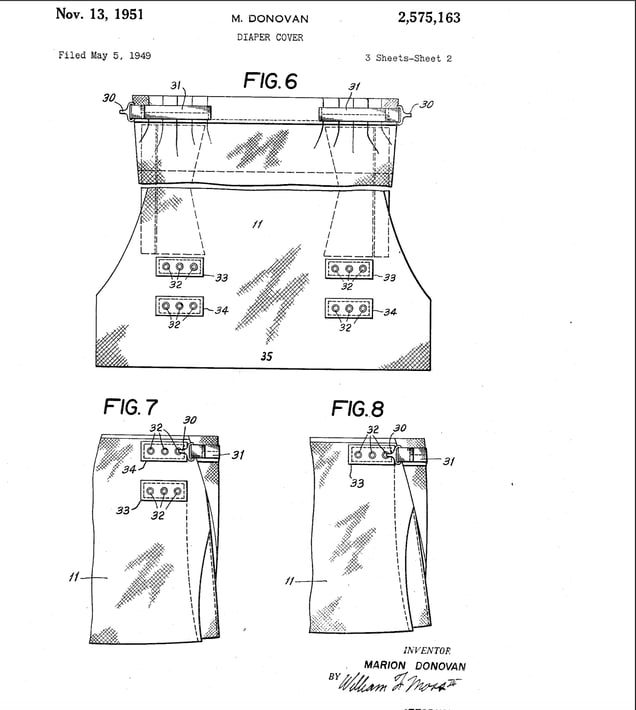 1951 patent drawing showing Marion Donovan's waterproof diaper cover design with snap fasteners