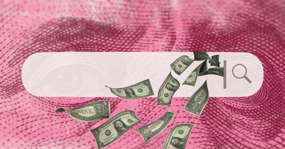 A search bar with dollar bills falling out.