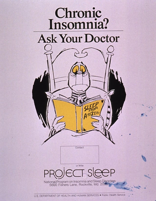 An illustration from a 1985 public service announcement features an anxious, wide-eyed person sitting up in bed, reading a book titled "SLEEP FROM A TO ZZZZ," under the heading "Chronic Insomnia? Ask Your Doctor."