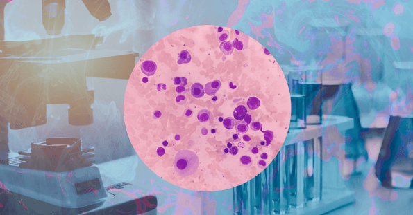 A bone marrow sample with test tubes and a microscope in the background.