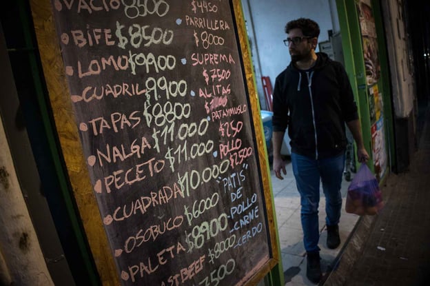 Prices listed on a chalkboard outside of a Buenos Aires grocery store