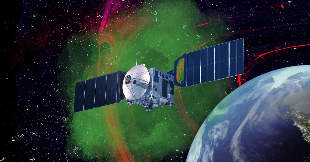A satellite surrounded by a green cloud of smoke floating over Earth.