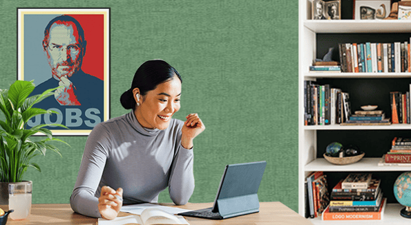 woman on a video call with various pieces of furniture and art in the background around her.