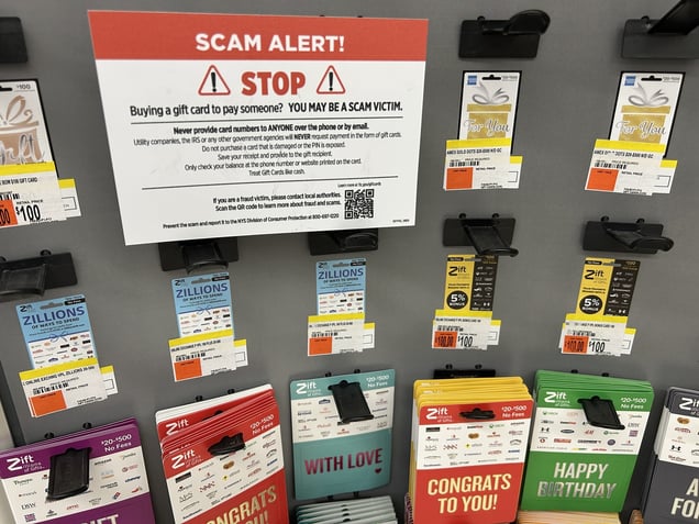  "SCAM ALERT! Buying a gift card to pay someone? YOU MAY BE A SCAM VICTIM."