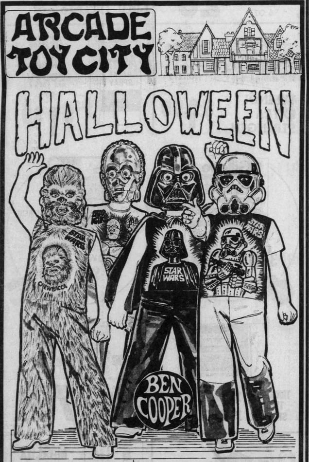 A black-and-white newspaper advertisement for Ben Cooper "Star Wars" costumes, showing children dressed as Chewbacca, C-3PO, Darth Vader, and a Stormtrooper.