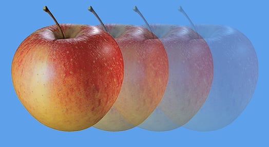 A series of five apples on a blue background. The first apple is a full-color McIntosh, and the next four apples progressively fade, appearing transparent.