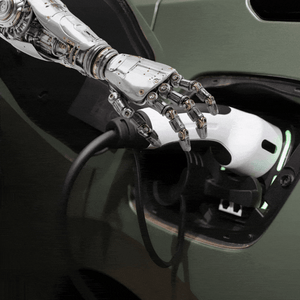 A robot hand charges an EV. 