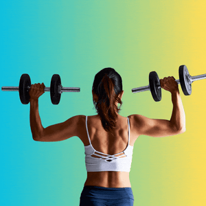 A woman facing away from the camera does a barbell shoulder press. 