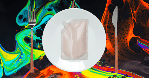 An off-white pouch sits on a white dinner plate.