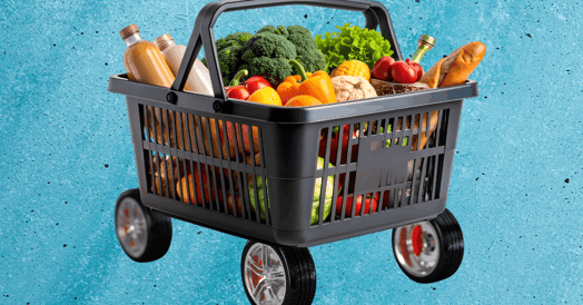 A small black cart full of groceries. 