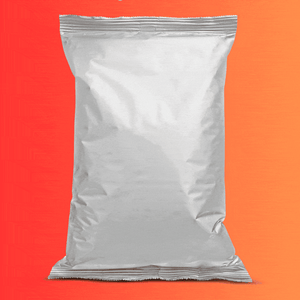A white package that dissolves to reveal a bowl of brown lentils.