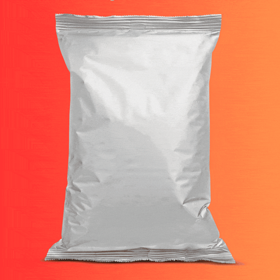 A white package that dissolves to reveal a bowl of brown lentils.
