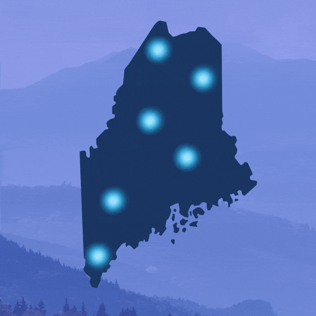 An outline of the state of Maine with several lights blinking off.