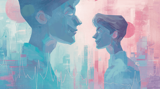 An illustration of a man facing an identical replica of himself. 