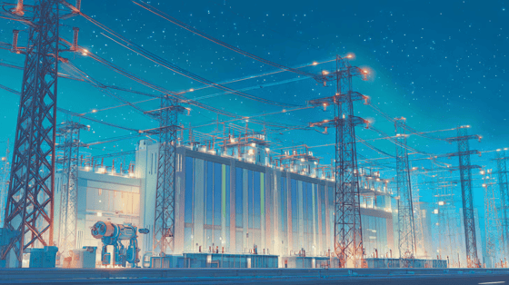An illustration of a data center lit up at night. 