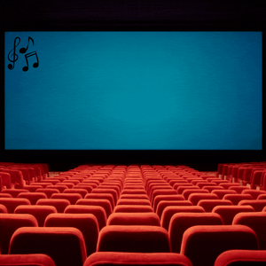 A treble clef and musical notes bounce across a screen in an empty movie theater.