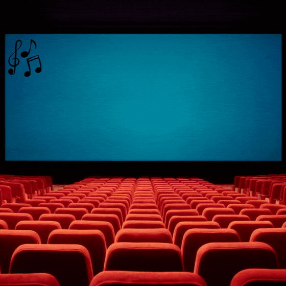A treble clef and musical notes bounce across a screen in an empty movie theater.
