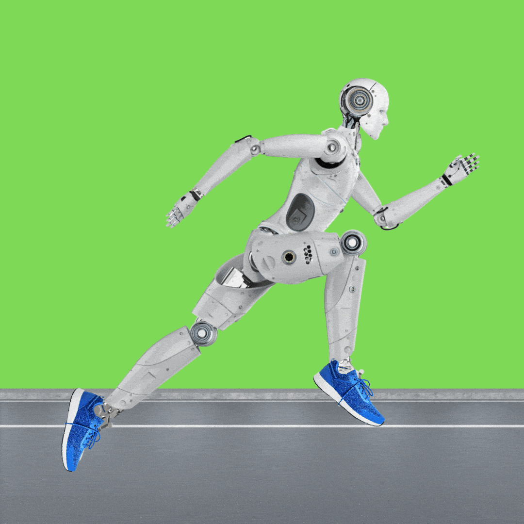 A humanoid robot in blue sneakers running on a gray track.