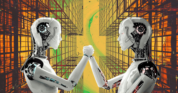 Two white robots facing each other and shaking hands on a yellow geometric background.
