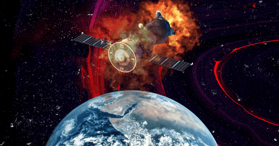 A satellite engulfed in flames with Earth in the background. 