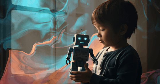 A toddler plays with a toy robot