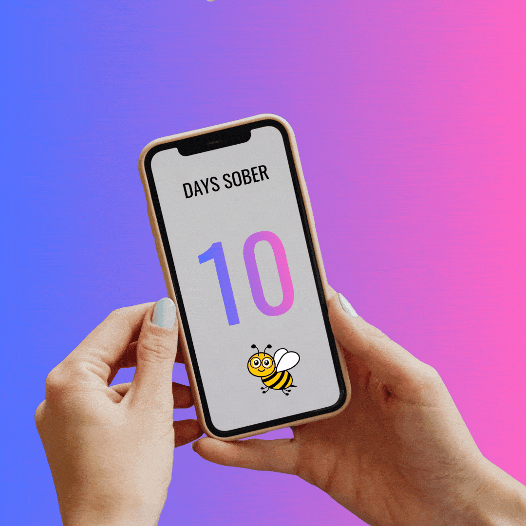Two hands hold a phone. Its screen reads "Days Sober 10." An animated bee flies across the image.