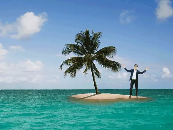 person waving on a tiny island