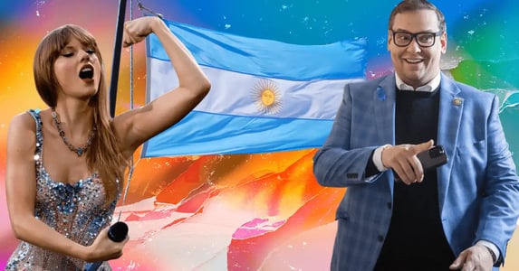 A collage showing Taylor Swift and George Santos in front of Argentina’s flag.