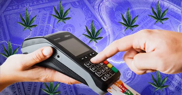 A disembodied hand uses a credit-card machine, held by someone else’s hand, to make a purchase on a purple background with cash and marijuana leaves imposed on it.