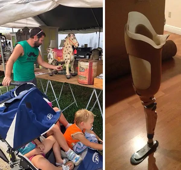 Left image: Rob checking out a wooden horse at a flea market; Right image: A prosthetic leg Rob procured for $30