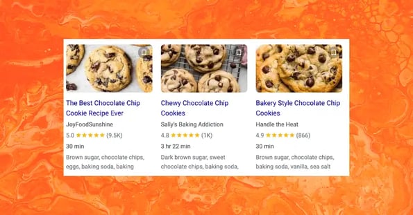 A screenshot of Google search results for chocolate chip cookie recipes showing link previews for three highly reviewed options.